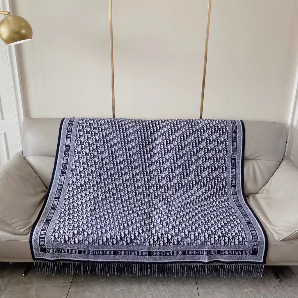 Dior Navy Blue & Ivory Fringed Scarf — front