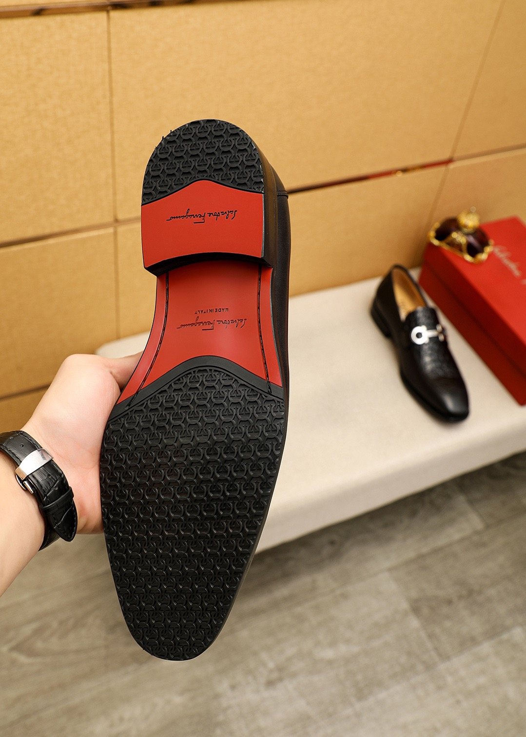 Ferragamo Black Embossed Leather Buckle Loafers — detail