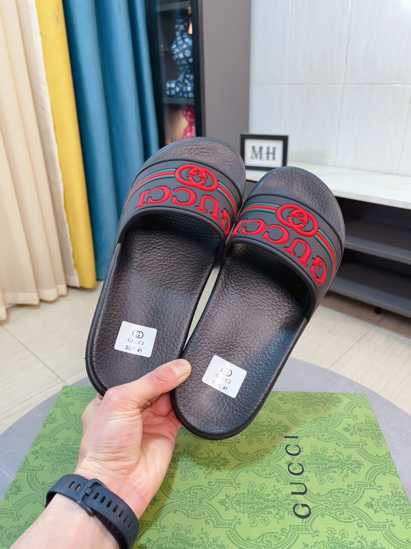 Gucci Black Red Green Striped Slide Sandals — back