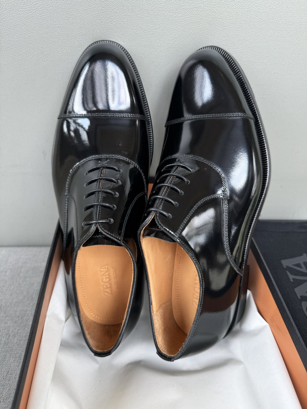 ZEGNA Black Patent Leather Oxford Shoes — front