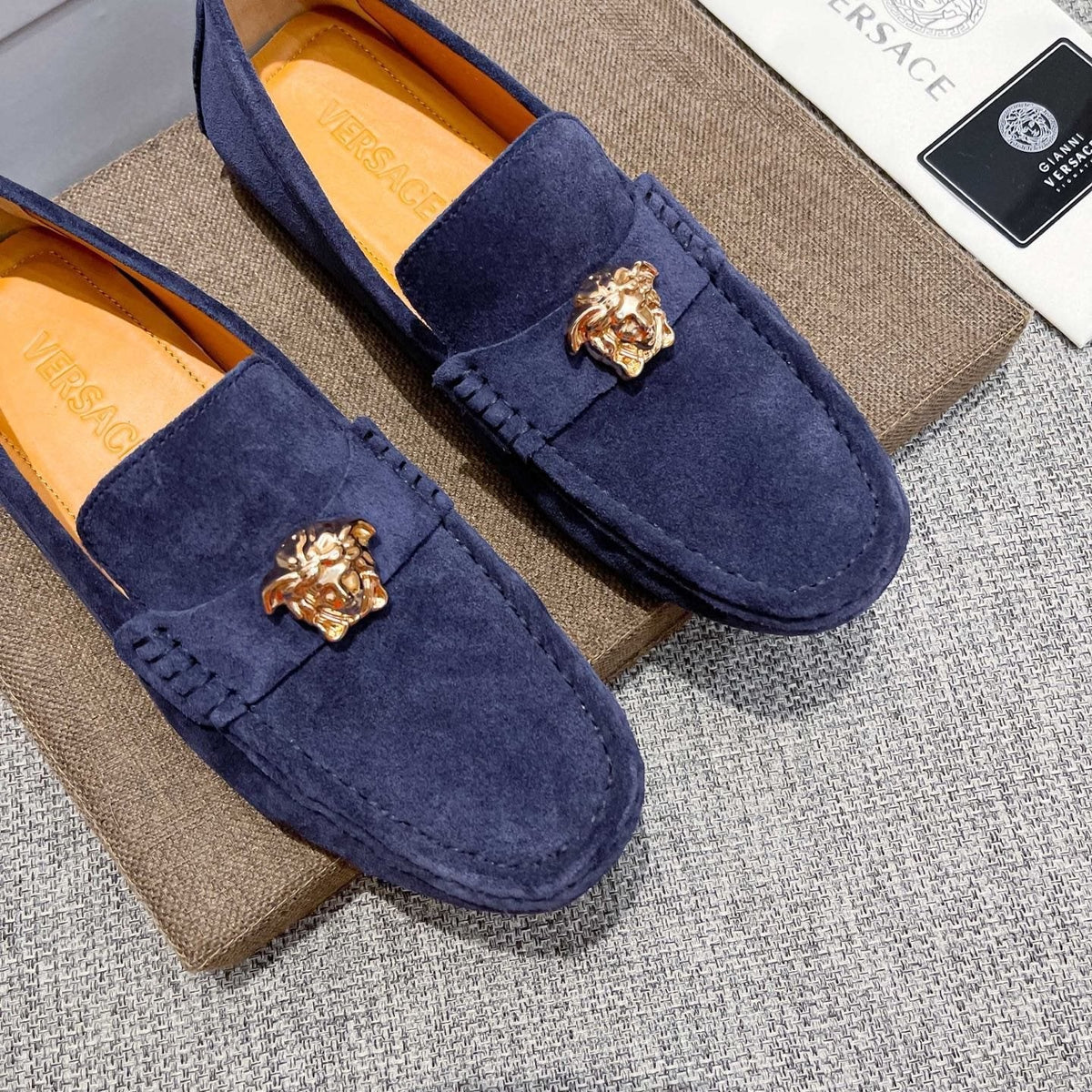 Versace Navy Blue Ornament Loafers — front