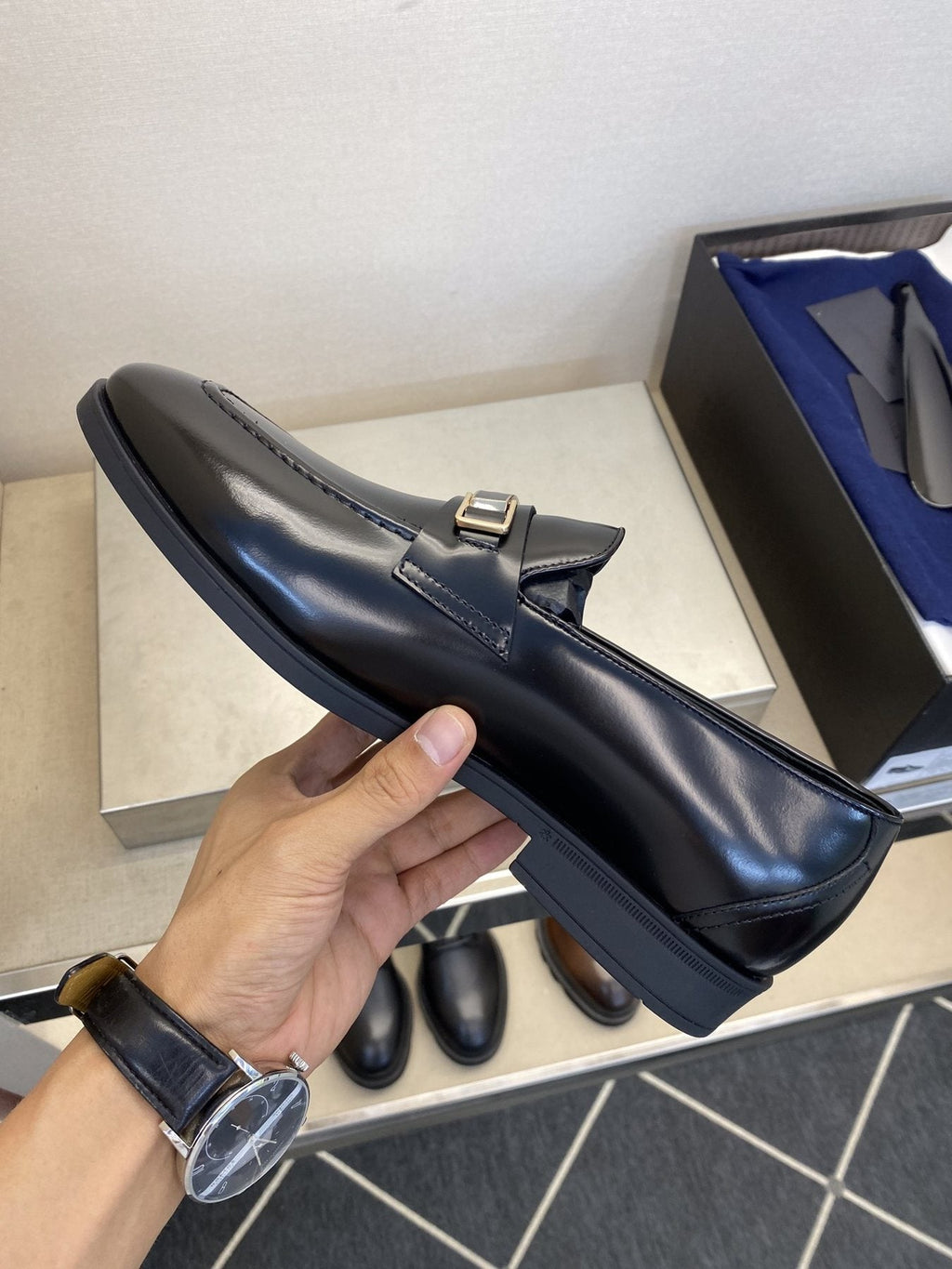 Prada Black Buckle Loafers — side