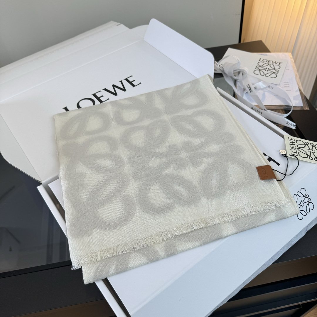 LOEWE Ivory Anagram Fringe Scarf — detail