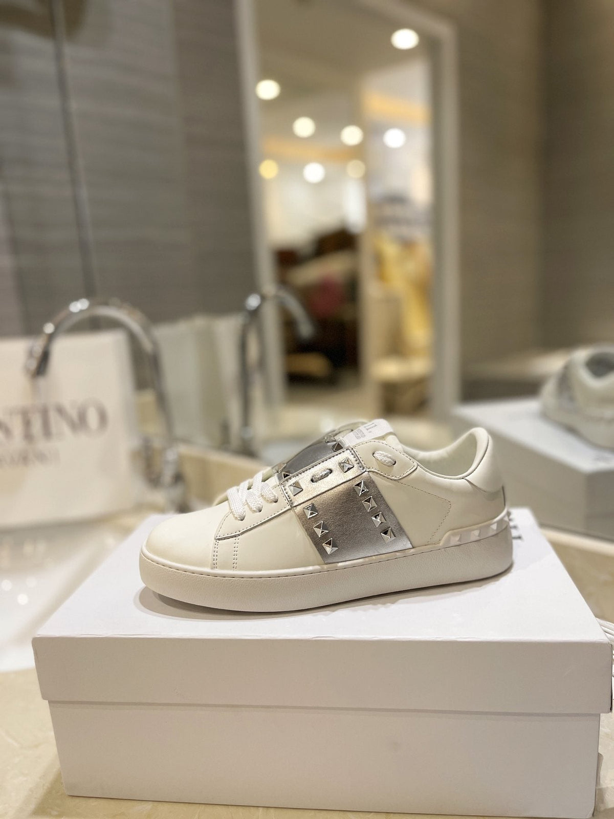 Valentino White Silver Studded Low-Top Sneakers — side