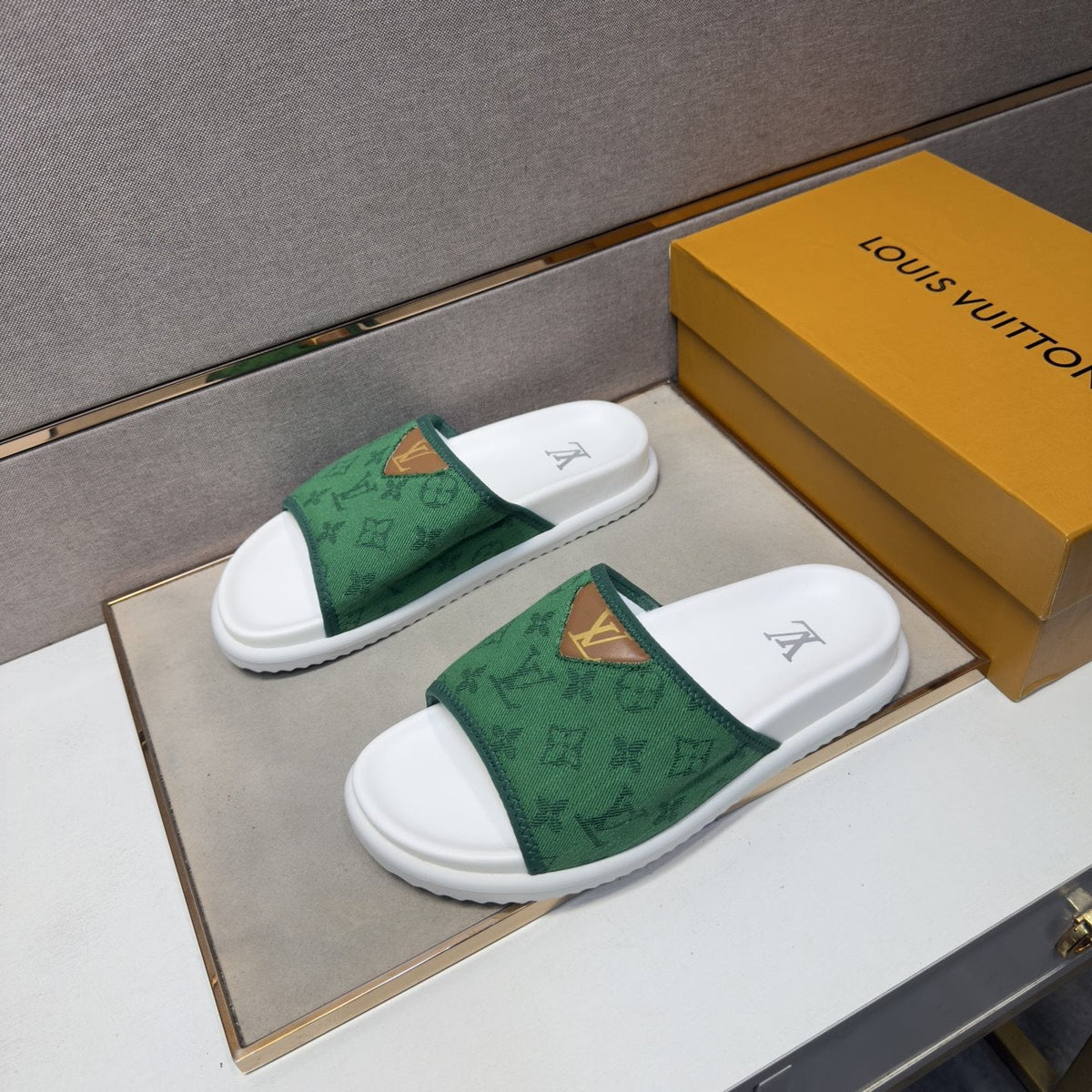Louis Vuitton Navy Patterned Slide Sandals — front
